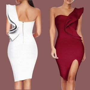 Ruffle One Shoulder Thigh Slit Celebrity Evening Bodycon Party Bandage Dress